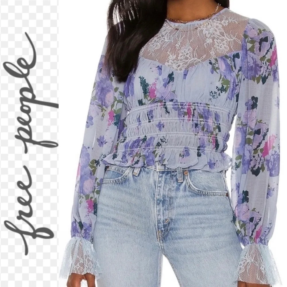 NWT $128R. Free People Daphne Smocked Lace Top